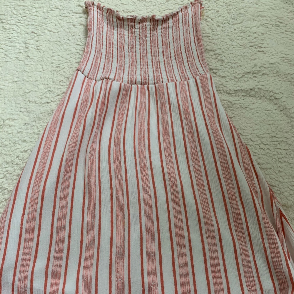 Strapless coral and white striped dress